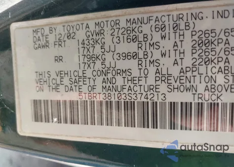2003 Toyota Tundra Limited V8 z USA, uszkodzony, nr VIN 5TBRT38103S374213